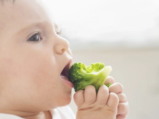 Imagen de un adorable bebé disfrutando de una comida saludable mientras come brócoli