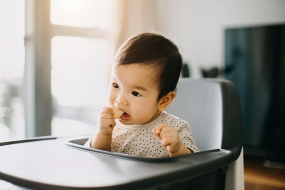 Conoce cuáles son los beneficios de darle galletas a tu hijo. Niña comiendo galletas para bebés.